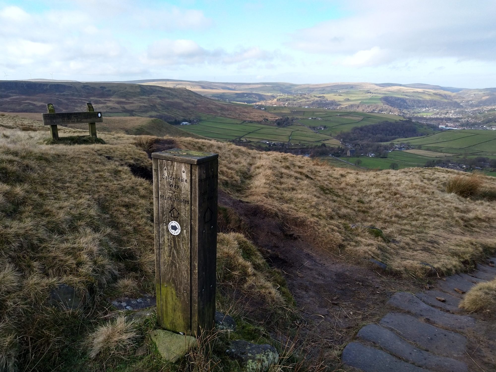 Marker post at the crossing of Pennine Way and Calderdale Way